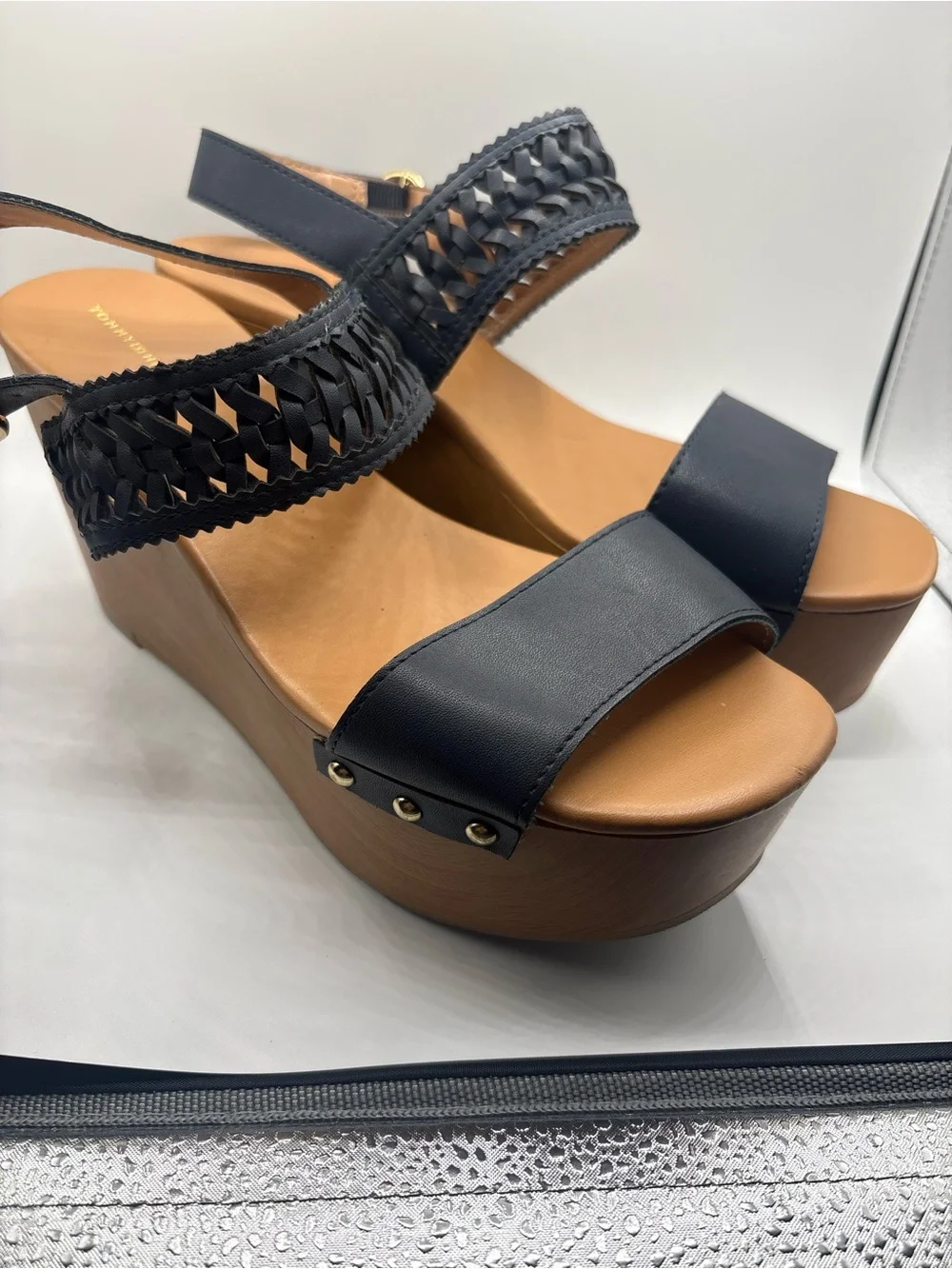 Tommy Hilfiger Black Woven-Strap Platform Wedges